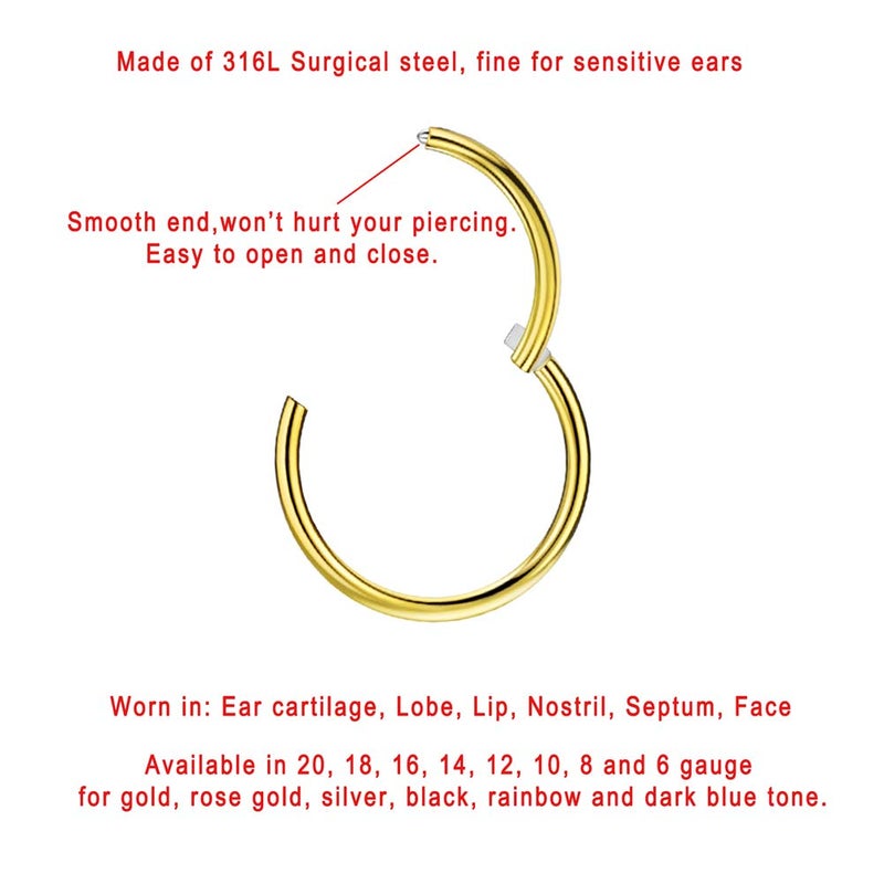 FANSING 20g 9mm Nose Hoop 20 Gauge Hinged Seamless Piercing Jewelry Ring for Septum Helix Cartilage Earlobe Lip Daith Tragus Rook & Conch 18k Rose Gold-plated Surgical Steel - Image 2